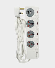 Sirocco 4 Way Universal Extension Socket with 2 USB Ports | 3m Cable Length | 3000W Max Load | Neon Red Power Indicator | L083 - White