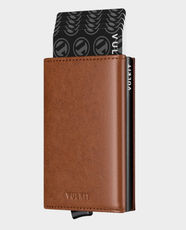 VULKIT VC208 RFID Blocking Leather Card Wallet | ID Window & Banknote Compartment | Holds 1–12 Embossed or Non-Embossed Cards | Magnetic Closure & Side Slide Button | Quick Pop-Up Slider Access - Brown