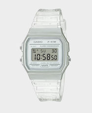 CASIO Classic Digital Watch | Water Resistant | Transparent Resin Band with Adjustable Buckle | F-91WS-7DF - White