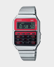 CASIO Vintage Digital Calculator Watch | Water Resistant | Stainless Steel Band with Adjustable Clasp | Resin / Chrome Plated Case | CA-500WE-4BDF - Red & Black Dial