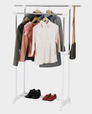 Sirocco Double Garment Rack | Rack Weight Capacity 15 kg | Casters for Easy Mobility | Double Pole Design | Vertically Adjustable | Integrated Shoe Rack | RACK2038X1 - White