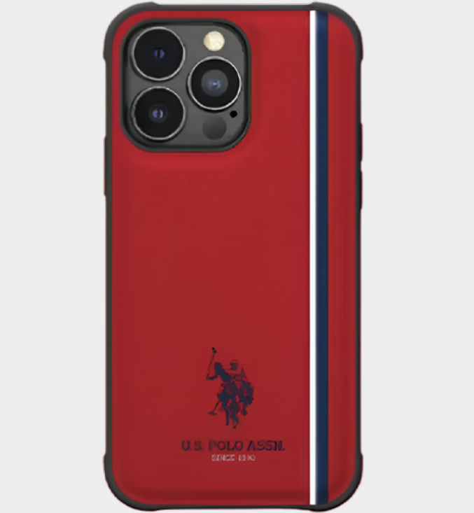 U.S. Polo iPhone 15 Pro PU Leather Case with DH Tricolor Line - Red