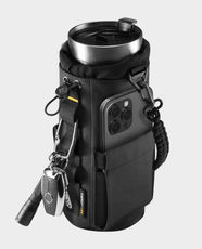Spigen Tumbler Bag | Magnetic Water Bottle Holder | Fits 20oz-40oz Bottles | Durable Waterproof Nylon Build | Five Strong Magnets | Detachable Paracord Handle | Built-In D-Ring | MOLLE Storage and Phone Sleeve - Black