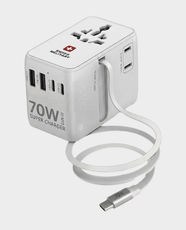 Swiss Military International Travel Adaptor with Inbuild Cable | 70W GaN III Technology | USB-C and USB-A | Works with USA/JP Socket | SM-TC-70W-GAN-MINI-CABLE-WHI - White