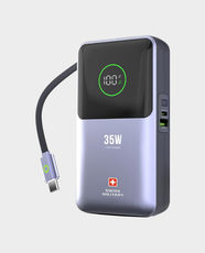 Swiss Military 10000mAh Power Bank | 35W Output | USB-C & USB-A Ports | LED Indicator | Integrated Retractable USB-C Cable | SM-PB-10K-35W-LED-CBL - Silver