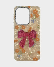 Fancy Hot Pink Bow Floral Garden Back Case for Samsung Galaxy A57 - Beige/Orange