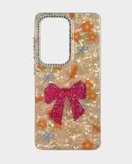 Fancy Hot Pink Bow Floral Garden Back Case for Samsung Galaxy S26 Ultra – Beige/Orange