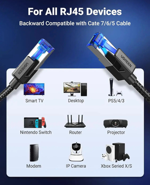 Ugreen CAT-8 Shielded Round Braided Cable Modular Plugs | Shielded Braided 1m | 40Gbps 2000Mhz High Speed | NW153-1M-BLK - Black