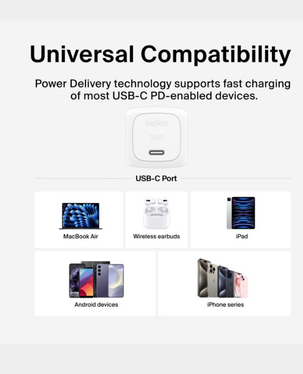 Belkin BoostCharge Compact Charger | 30W | USB-C Cable | WCA008DQ1MWH-B6 - White