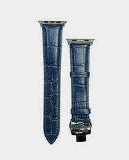 Longvadon Men's Caiman Series 2.0 Leather Bands for Apple Watch 42/44/45/49mm | Clasp Buckle | Quick-Release Spring Bars | Hand Saddle Stitched - Men Navy Blue Edition