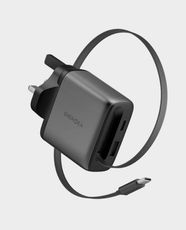 Energea AmpCharge Arc 65 Wall Charger | 65W PD3.0 PPS & QC3.0 Fast Charging | GaN Technology | Built-in 70cm Retractable USB-C Cable | USB-C + USB-A Ports | 3 Device Charging | UK Plug - Gunmetal