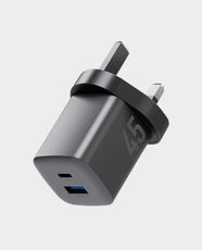 Energea AmpCharge Mini 45 Wall Charger | 45W PD3.0 PPS & QC3.0 Fast Charging | GaN Technology | USB-C + USB-A Dual Port | UK Plug | Dual Device Charging | Ultra Compact Design - Gunmetal