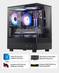 Pre-build Gaming PC With Intel Core i5-14400 | PNY Geforce RTX 3050 6GB Verto Dual Fan | Kingston RAM DDR4 Fury Beast RGB 16GB | Kingston NV3 PCIe 4.0 NVMe M.2 1TB SSD | Arktek Power Supply 650W 80 Plus  | Windows 11