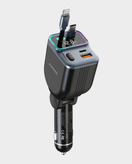 Porodo Car Charger Dual Retractable Cable | 65W Power Delivery | Dual USB-C Ports | Built in Lightning , USB-C Cable | PDFWCH068BK - Black