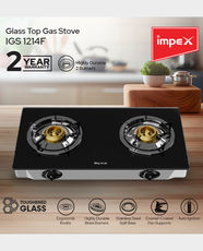 Impex 2 Burner Glass Top Gas Stove | Toughened Glass Top | Auto Ignition | Blue Flame Brass Burners | Stainless Steel Spill Tray | IGS 1214F - Black