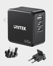 UNITEK 65W Wall Charger | 2× USB-C PD 65W and 1× USB-A QC3.0 30W | Fast Charging Multi-Device Adapter | Compact GaN Travel Charger | US / UK / EU Plugs | P1117B – Black