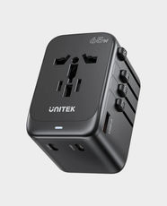 UNITEK GaN 65W Universal Travel Adapter | AC Outlet 2500W | USB-A and USB-C | EU/UK/US/AU Plug Compatible | P1122ABK - Black