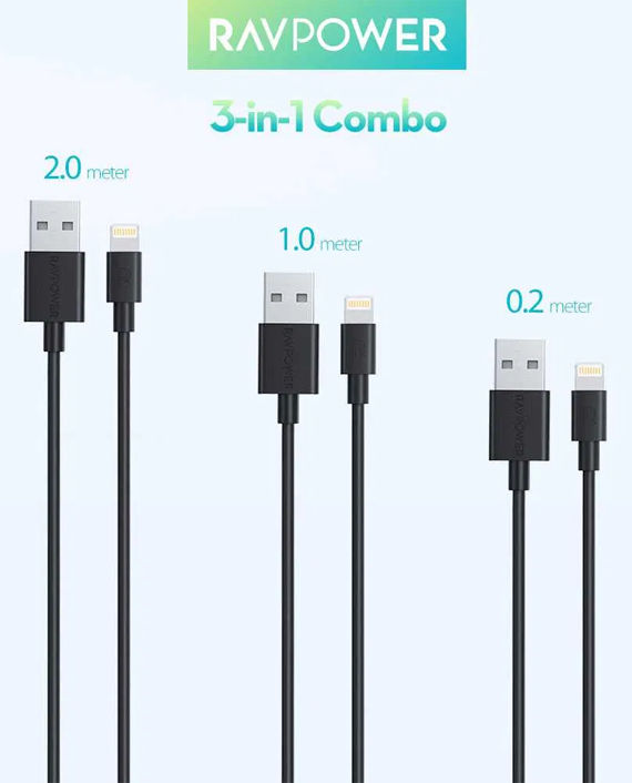 Buy RAVPower 3 Pack USB Cable with Lightning Connector (2m / 1m / 0.2m ...