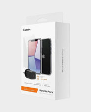 Spigen Bundle Pack iPhone 12 Mini (Crystal Flex Case, Glas Tr Slim Tempered Glass, F210 UK Wall Charger ) in Qatar