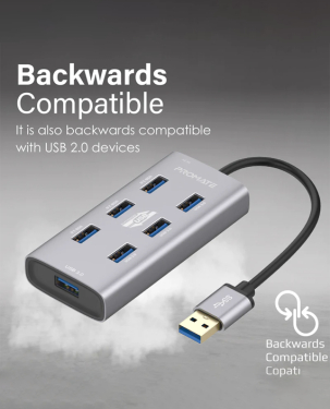 Promate 7 USB 3.0 Ports Aluminium Alloy USB Hub with Dual Input (EZHUB-7)