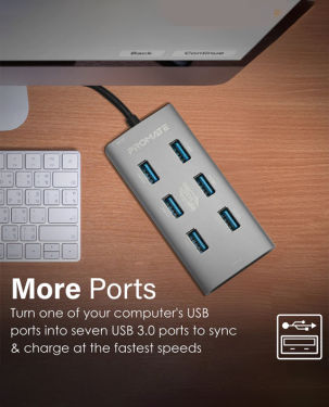 Promate 7 USB 3.0 Ports Aluminium Alloy USB Hub with Dual Input (EZHUB-7)