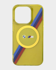 BMW iPhone 15 Plus MagSafe Case with M Tricolor Stripes Design (Yellow)