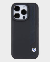 BMW iPhone 15 Pro Leather Case with Sign Blue Dots Pattern (Black)