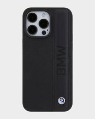 BMW iPhone 15 Pro Leather Case with Sign Textured and Strip Pattern (Black)