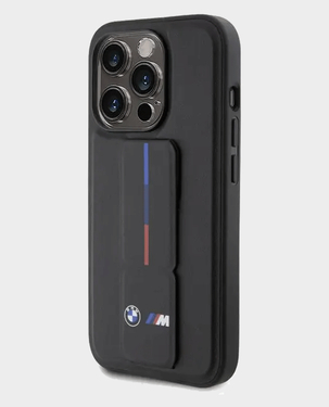 BMW iPhone 15 Pro Leather Gripstand Case With Hot M Stamp (Black)
