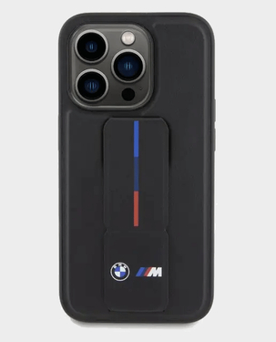 BMW iPhone 15 Pro Leather Gripstand Case With Hot M Stamp (Black)