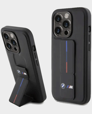 BMW iPhone 15 Pro Leather Gripstand Case With Hot M Stamp (Black)