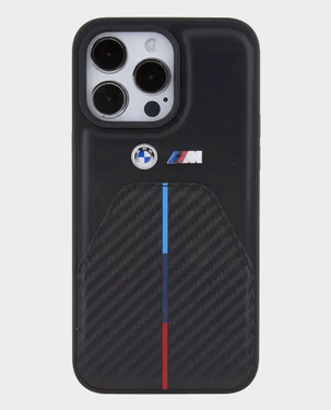 BMW iPhone 15 Pro M Pu Leather & Carbon With Metal Logos (Black)