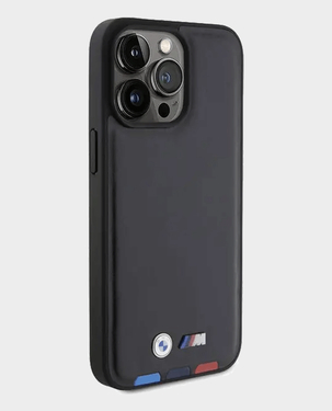 BMW iPhone 15 Pro M Pu Leather Case With Hot Stamp Tricolor Pattern - Black
