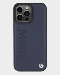 BMW iPhone 15 Pro Max Leather Case With Hot Stamp Pattern (Navy)