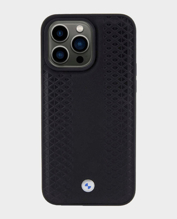 BMW iPhone 15 Pro Max Leather Case with Sign Diamond Pattern - Black