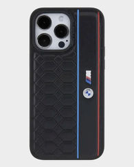 BMW iPhone 15 Pro Max M Pu Leather Case With Hexo Pattern & Stripe (Black)