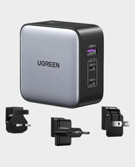 Ugreen USB-A 2 USB-C 65W GaN Charger with Interchangeable UK US EU Plugs UG AC 3PORT 65W GAN CD296 BLK (Grey)