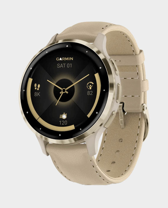 Garmin Venu 3S Soft Gold Stainless Steel Bezel with French Grey Case and Leather Band