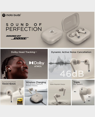 Motorola Moto Buds+ True Wireless Earbuds  38 Hours Playtime  ANC  Sound By Bose Dolby Atmos Water Protection  PG38C05742 (Beach Sand)