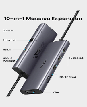UGREEN 10-in-1 USB-C Multiport Docking Station / 4K HDMI & VGA Dual Monitor / 1Gbps Ethernet / 100W PD / 3*USB 3.0 Ports / 3.5mm Audio Jack /  SD/TF Card Slots for Laptop, Tablet / CM498