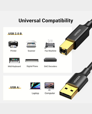 UGREEN USB 2.0 AM TO BM PRINT CABLE 5M (UG-CBL-US135-PRNTR-5M-BLK) - BLACK