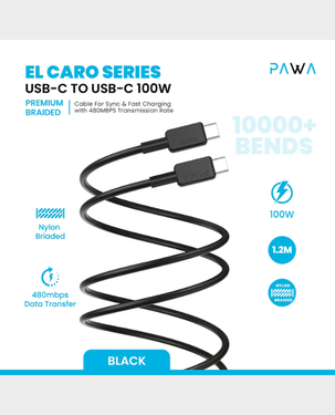 Pawa El Claro Series USB-C To USB-C / premium Nylon Braided CABLE / 100W 1.2M / 480MBPS / PW-12B100CC-BK - BLACK