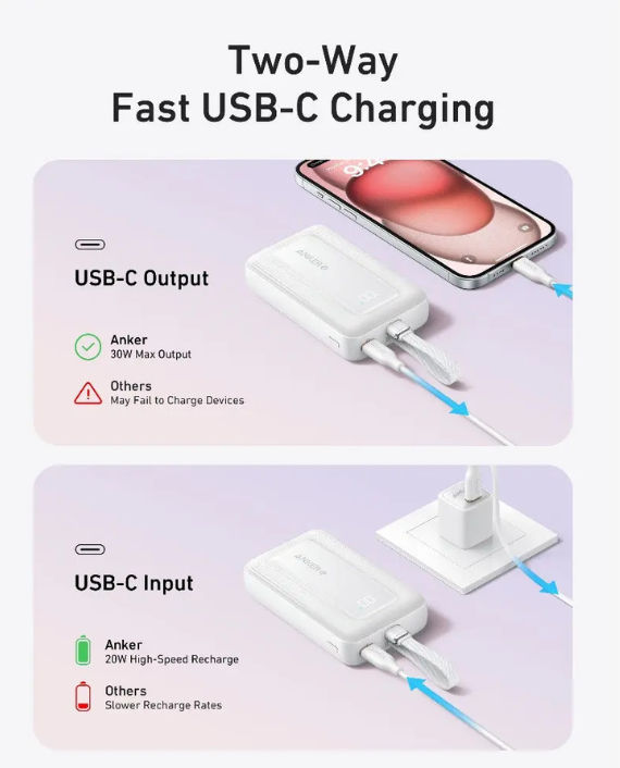 Anker Zolo powerbank, 10000 mAh 30W high-speed draagbare oplader met ingebouwde USB-C kabel, snel oplaadbare batterij voor iPhone 15-series, MacBook, Galaxy ,iPad en meer
