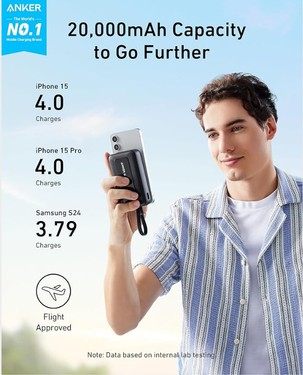 Anker Zolo Powerbank 20000 mAh | 30W Power Bank Portable Charger | Built-In USB-C Cable  - Black