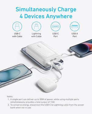 Anker Zolo Powerbank 20000 MAh 30 W Power Bank Portable Charger with Built-In USB C Cable | A1681H31 - White