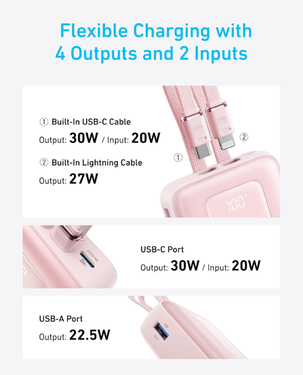 Anker Zolo Powerbank 20000 MAh 30 W Power Bank Portable Charger with Built-In USB C Cable | A1681H31 - White