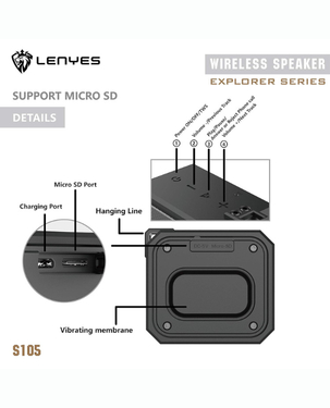 Lenyes S105 Wireless Bluetooth Speaker | 12W | Up to 20 Hours | IPX7 Waterproof | Bluetooth 4.2 - Black