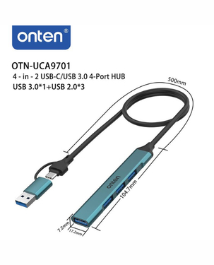 Onten UCA9701 4-In-2 USB-C/USB 3.0 to 4-Port Hub | 1 × USB 3.0 (5Gbps) | 3 × USB 2.0 (480Mbps) - Pine Green