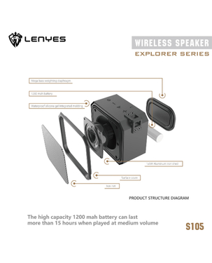 LENYES S105 Wireless Bluetooth Speaker | 12W | Up to 20 Hours | IPX7 Waterproof | Bluetooth 4.2 - Grey